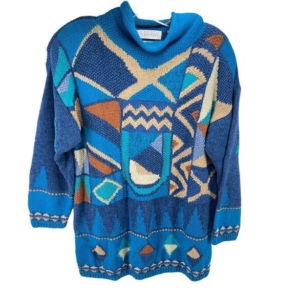 Segrets Womens Vintage 1980’s Sweater Hand Knit Rolled Mock Neck Blue Small - Picture 9 of 9